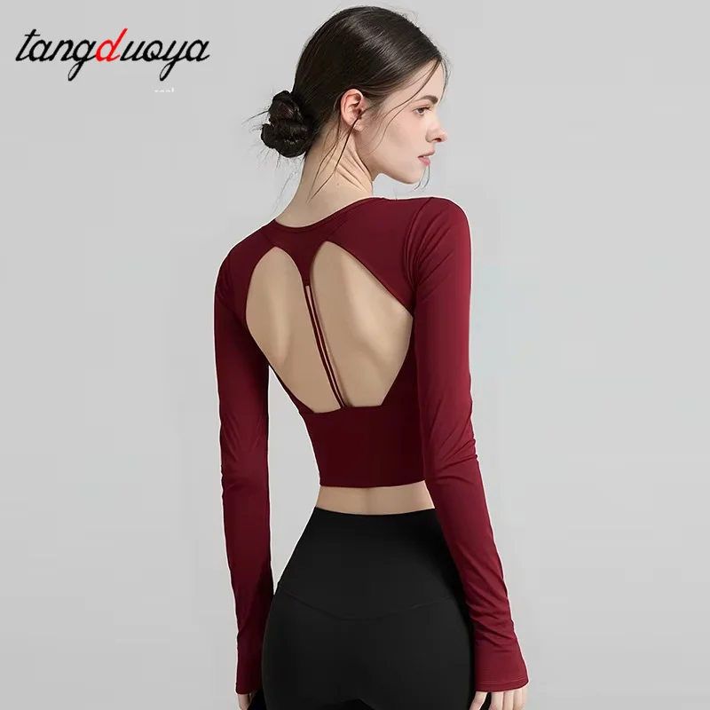 Women's Sexy Hollow out Shoulder Straps Sports Top Long Sleeves Yoga Fitness Training Top Yoga Shirt