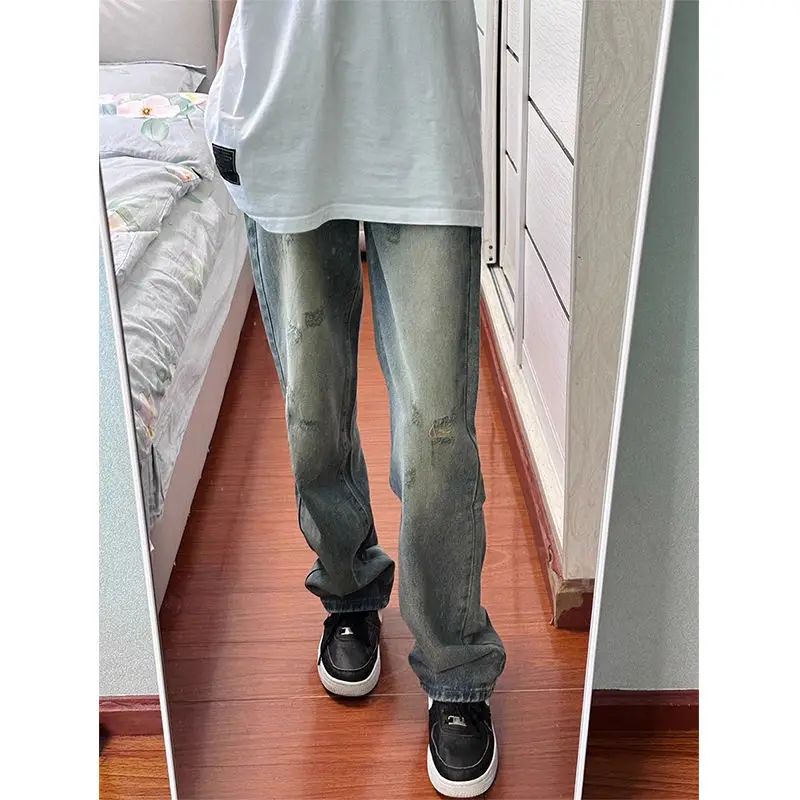 

Мужская дизайнерская одежда Ретро стираные старые джинсы Мужские весенне-осенние брюки в стиле хип-хоп High Street Прямые свободные широкие брюки