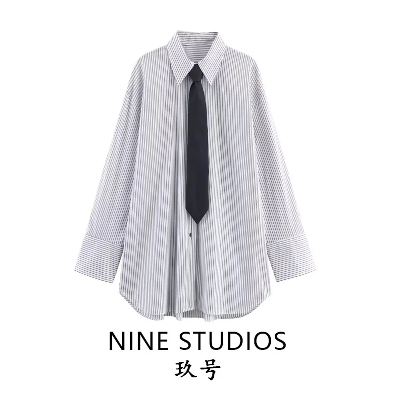 

Casual Loose Striped Long Sve irt Women's Faion Belted Gauze Fabric Comfortable Breathable oulder-Length Regular Length