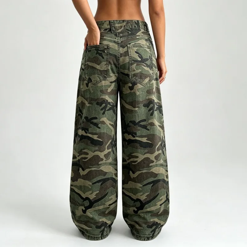 Women Army Green Camouflage Wide Leg Cargo Pants Loose Baggy Casual Streetwear Long Trousers For Ladies Daily Outfit