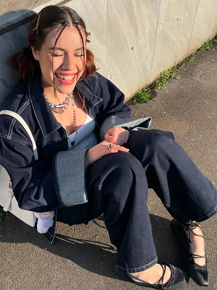 التلبيب سستة جيوب الدنيم الستر معاطف السراويل 2 قطعة مجموعات فضفاض طويلة الأكمام الصلبة القمم الجينز الدعاوى شارع العليا ملابس غير رسمية #5