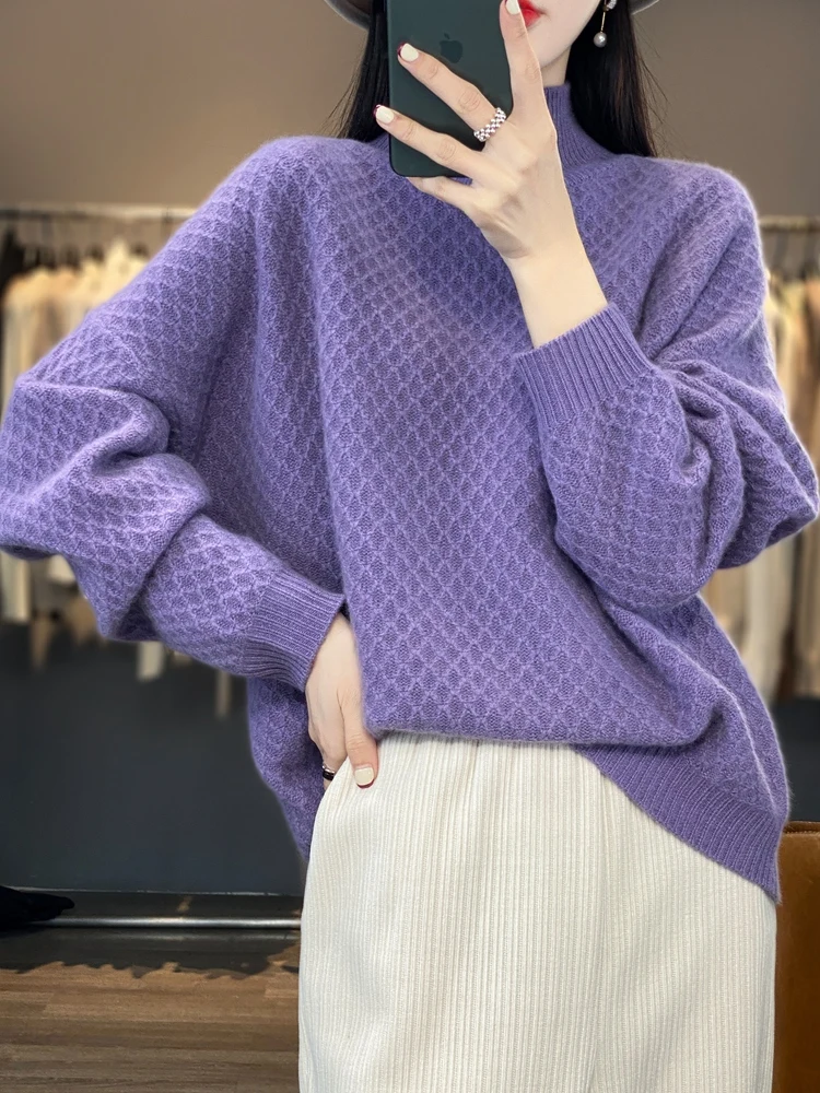 Women's Sweater Loose Casual Turtleneck Pullover Autumn Winter Thick Warm Soft 100% Merino Wool Knitwear Korean Popular Clothes