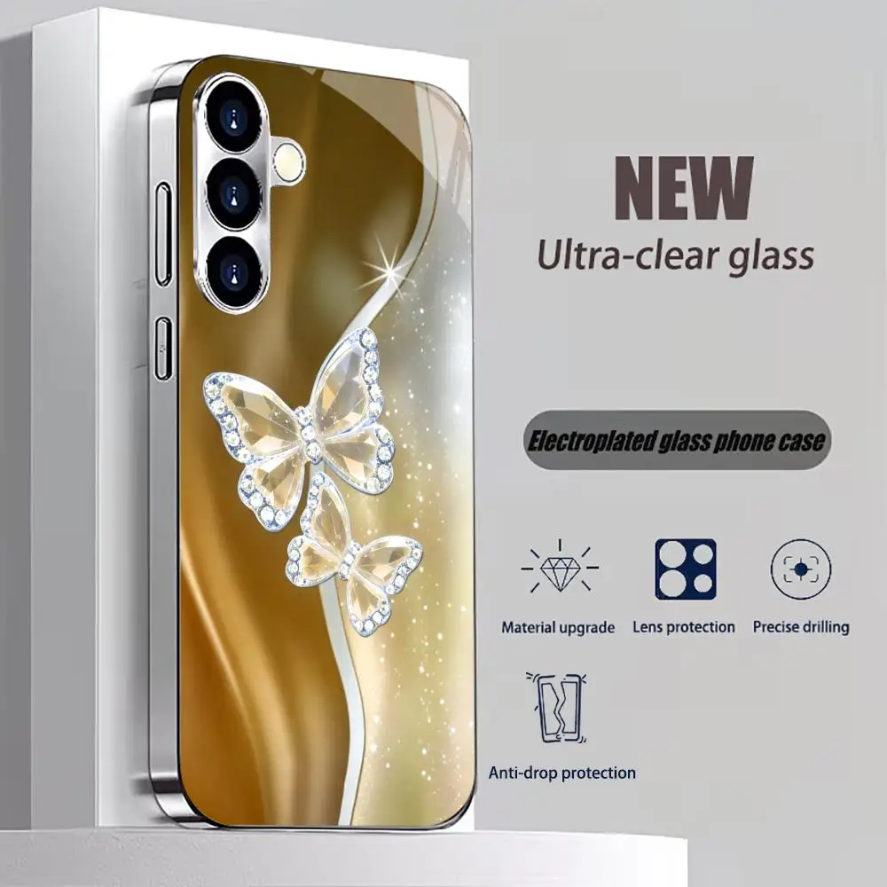 Crystal butterfly gold silk TPU glass phone case for Samsung Galaxy S26 S25 S24 S23 S22 S21FE,Ultra,Plus Super-strong protectio