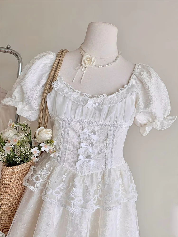 Summer Vintage Lace Ballet Core Mini Lolita Dress Women Mori Girl Fairy Frocks Party Short Sleeve One-Piece 2000s Aesthetic Cute