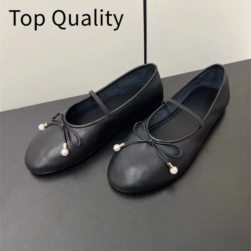 Women's fashionable genuine leather ballet shoes with pearl strap design simple retro shallow mouth strap and follow-up shoes