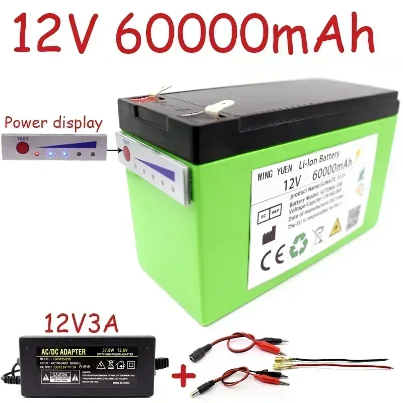 

New power display 12v60a 18650 lithium battery pack is suitable for solar energy and electric vehicle battery + 12.6v3a charger