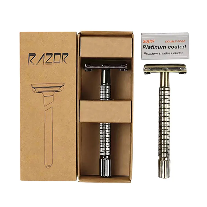 Berjas الحنين البرونزية مقبض طويل فراشة مفتوحة حافة مزدوجة آمنة الحلاقة، قابلة لإعادة الاستخدام النحاس معدن ماكينة حلاقة يدوية إغلاق مشط