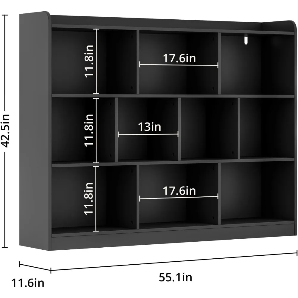 Black Bookshelf, Wood Bookcase with 3 Tier Open Shelves, 10-Cube Minimalist Storage Shelf for Living Room, Bedroom, 55.1