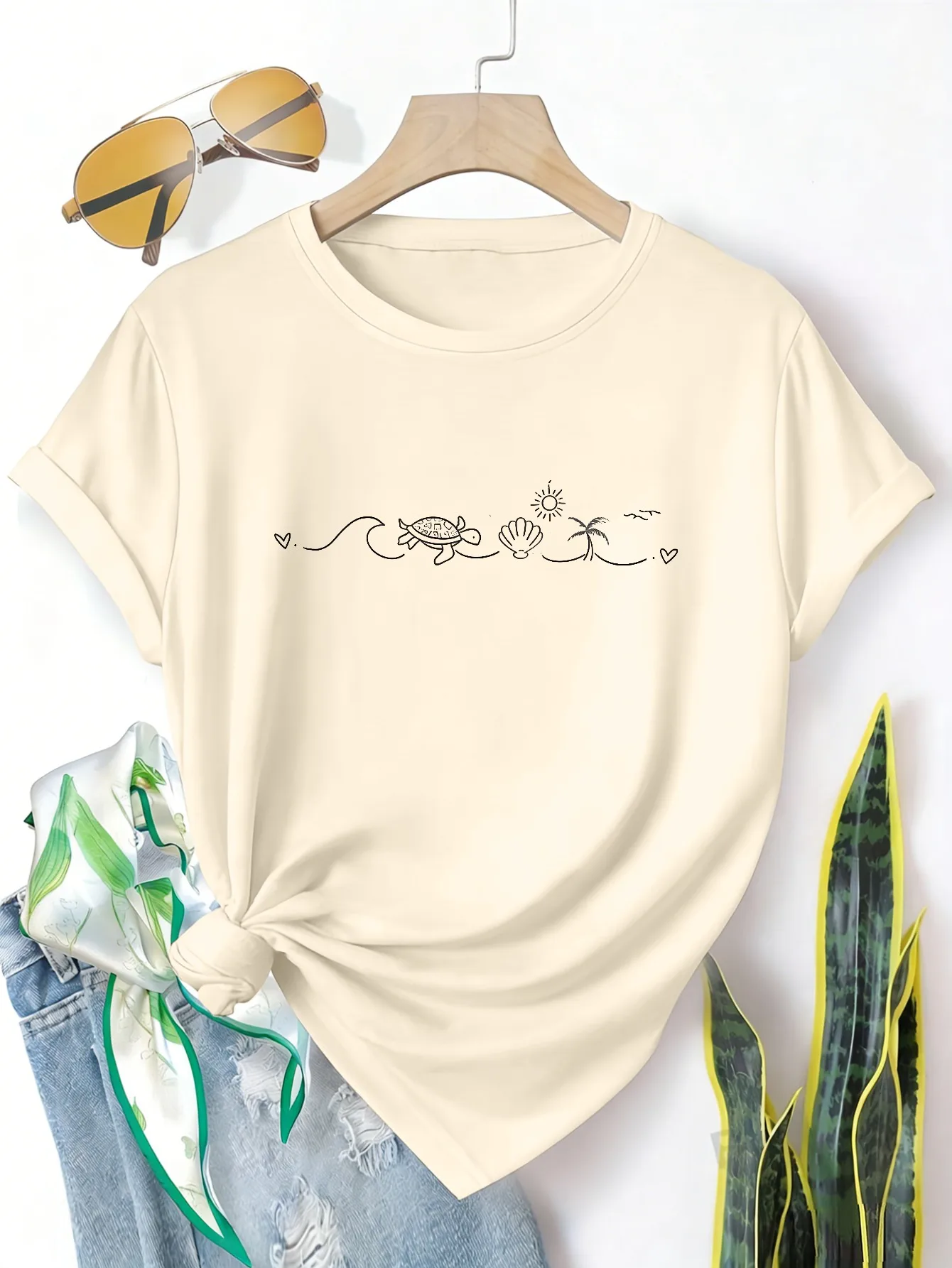 

Plus size women's short sleeve T-shirt Turtle Shell Sun Waves Heart Everyday comfortable and versatile style summer outfits