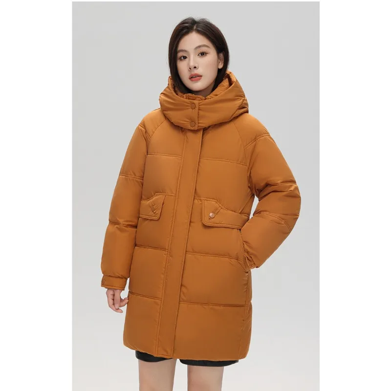 Jaqueta puffer de algodão de comprimento médio feminina, Parkas grossas quentes, manga comprida, casaco frio, bolso, casacos à prova de vento, roupas femininas, inverno