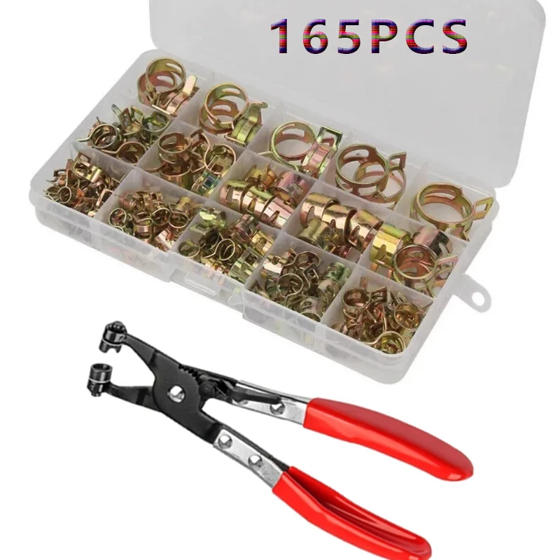 165Pcs 6-22mm Fuel Spring Clip Vacuum Silicon Hose Clamp Autos Spring Clip Fuel Oil Water Hose Pipe Tube Clamp with Pliers