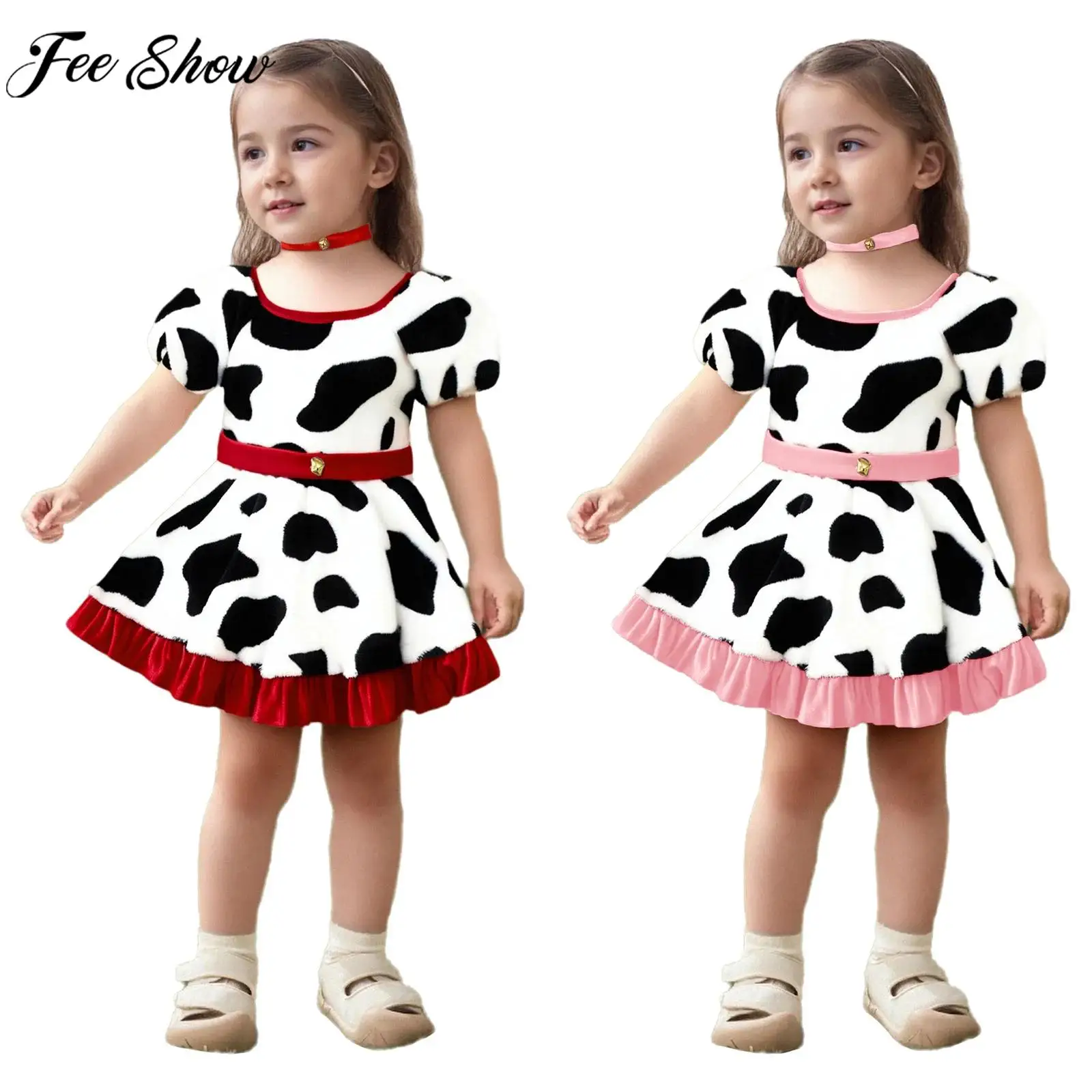 Baby Girls Dalmatian Spotted Dog Cosplay Dress Short Sleeve Soft Velvet Tutu with Belt Choker Halloween Theme Party Costume