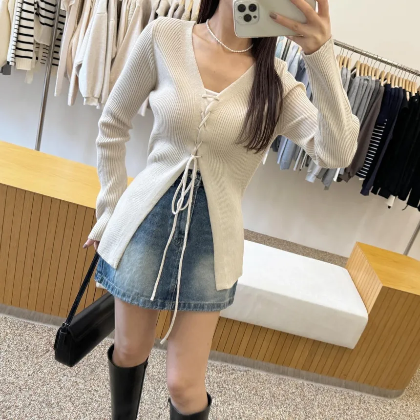 

Fall Faion V-Ne Belted Long Sve Knitwear Women's Mid-Length Slim Fit Top Korean Sle Casual Versatile All Seasons Wear