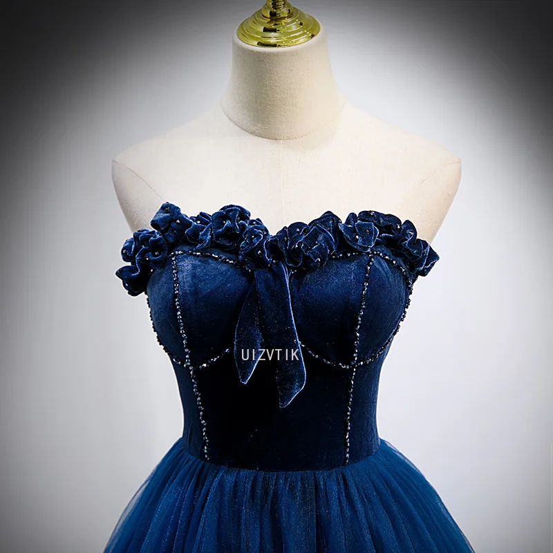 فساتين رسمية طويلة باللون الأزرق الداكن، فستان نسائي أنيق بدون حمالات على شكل حرف a بطول الأرض، فستان حفلات فاخر مخصص للحفلات الراقصة