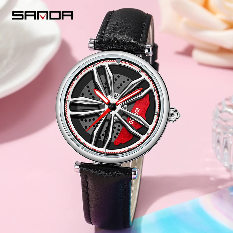 SANDA P1074 Luxury Sport Car Wheel Watches For Women Top Brand Rim Dial 3D Fashion Ladies Waterproof Wristwatches Female Clock