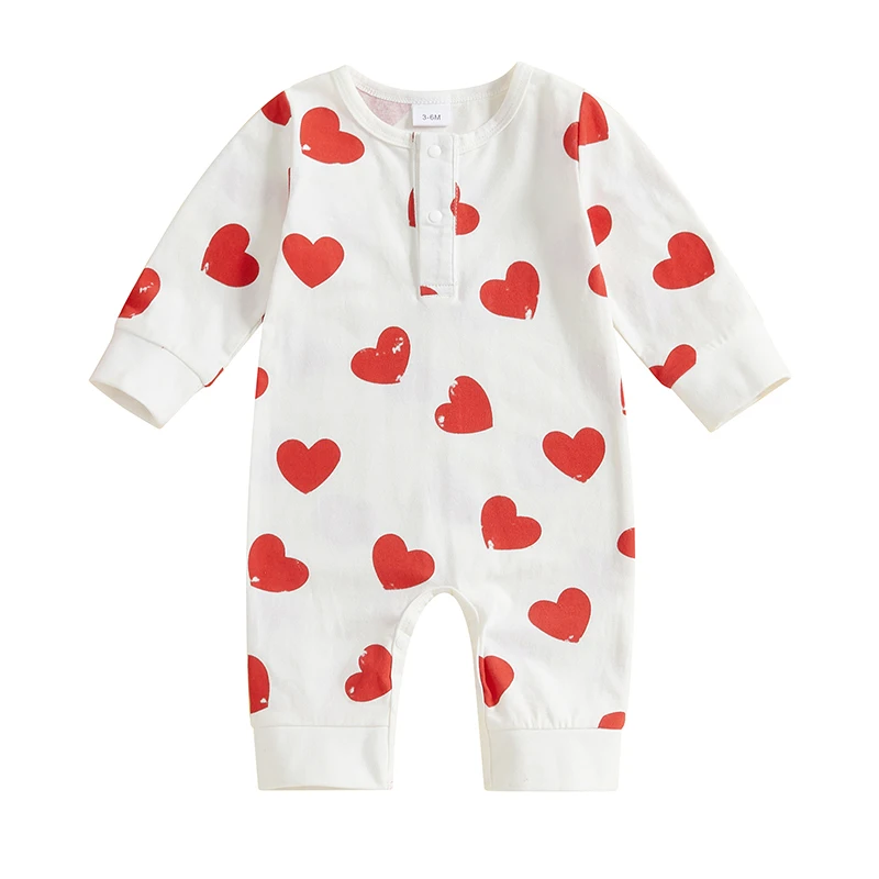 Baby Valentine's Day Jumpsuit Heart Print Round Neck Long Sleeve Half Snap-up Fall Romper