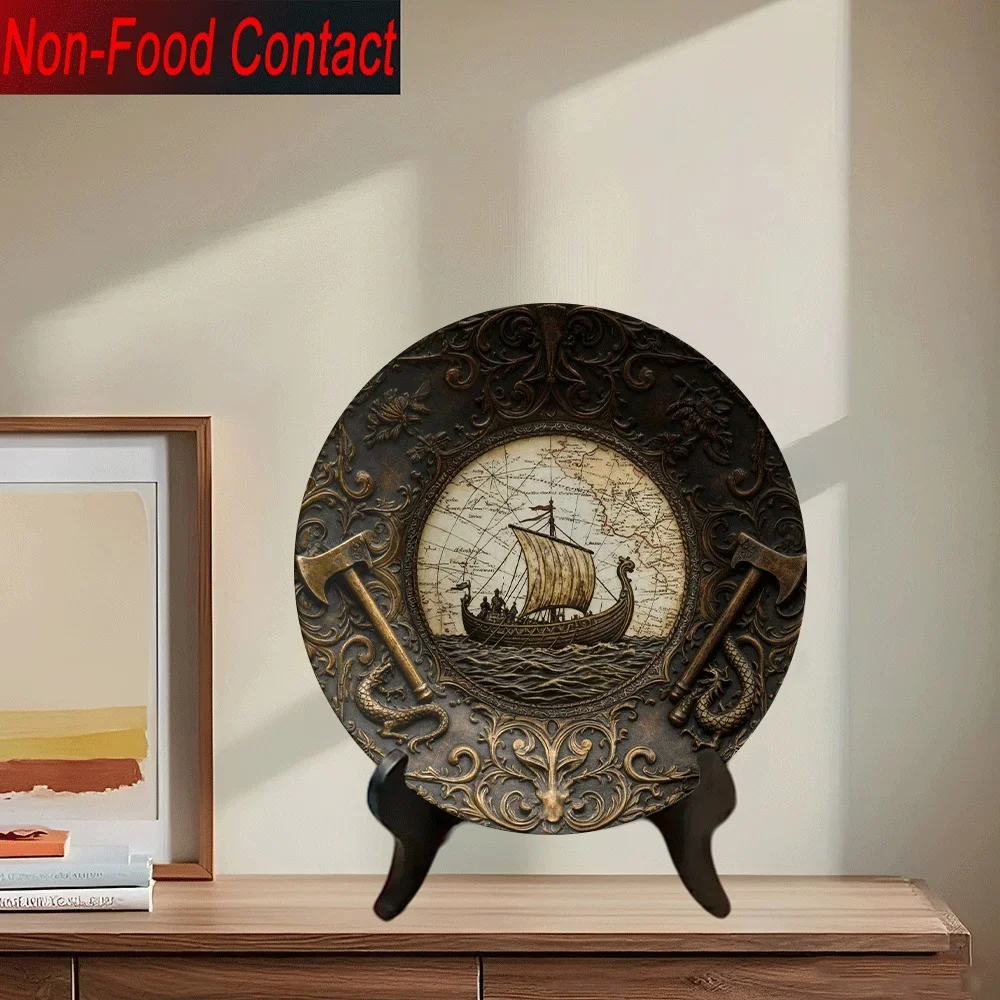 1pc Viking Ship Decorative Ceramic Plate - Norse Viking Longship Design with Axe & Ornate Border, Non-Food Contact Surface,