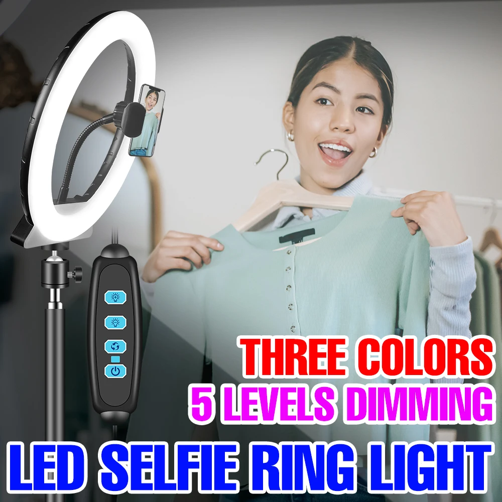 

LED Selfie Ring Light Photography Circle Fill Light Fixture 3 Colour Dimmable With Phone Stand Tripod Lamp For Live Video Stream