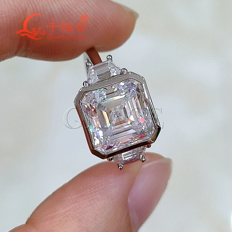 

9mm asscher collet setting Rings 925 Silver hip hop Moissanite stone Ring Men women Diamonds Male fine Jewelry gift datting