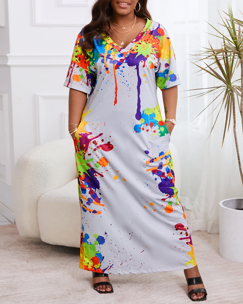 Tinta Splash Imprimir Vestido Casual, Design De Bolso, Plus Size