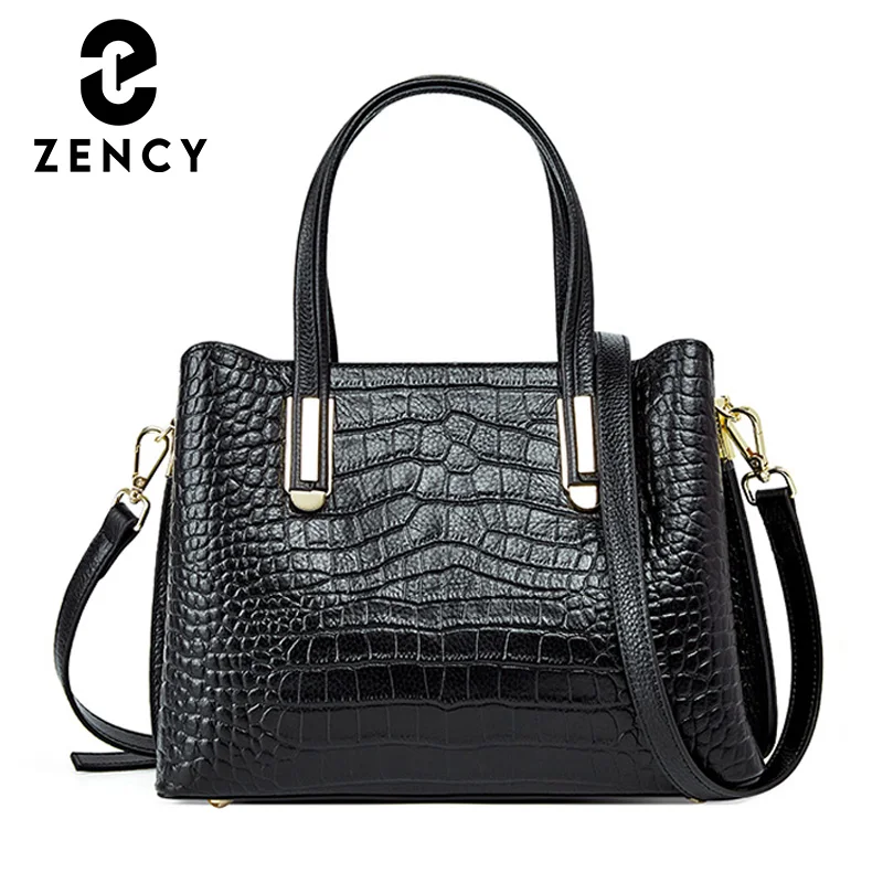 Zency 100% Genuine Leather Handbag Daily Casual Ladies Top-handle Bag Luxury Design Top Quality  Women\'s Shoulder Bag Black