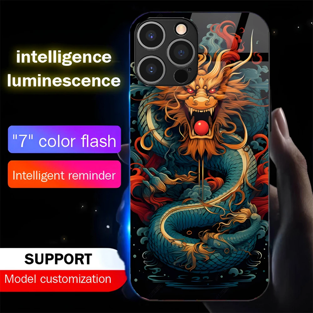 

Cool Dragon Painting LED Light Glow Luminous Phone Case Voice Controlled Shells For iPhone 16 E 15 14 13 12 11 Pro Max XR X Plus