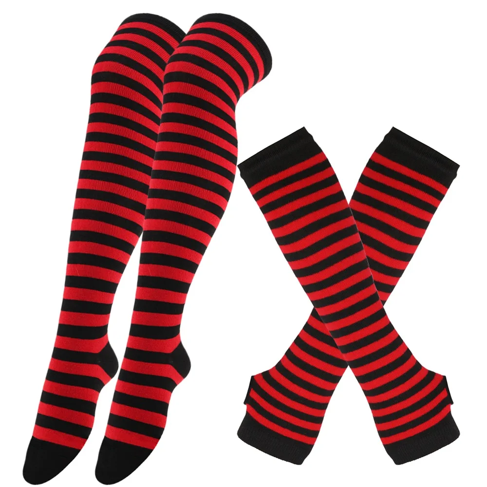 1 Set Women Girls Over Knee Long Stripe Printed Thigh High Cotton Socks Arm Sleeve Gothic Harajuku Gloves Sweet Cute Socks