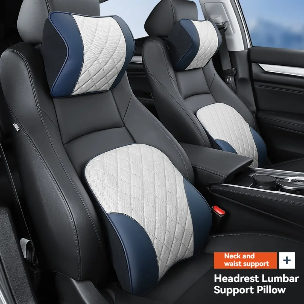 

Luxury Nappa Leather Car Headrest and Lumbar Support Pillow Set Breathable Perforated Design Fits All Car Models