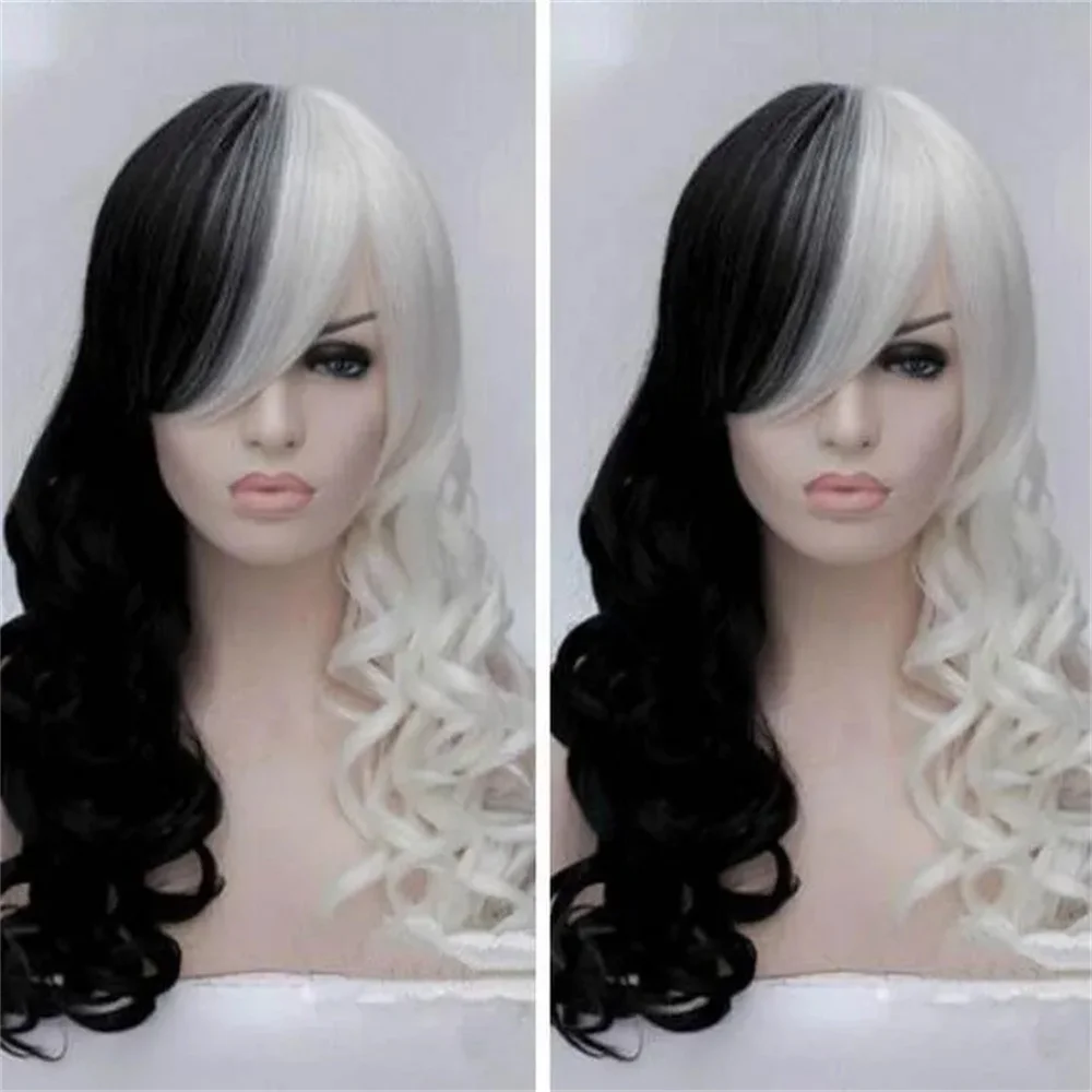 Women Cruella Deville Cosplay Wig Black White Synthetic Long Curly Wig