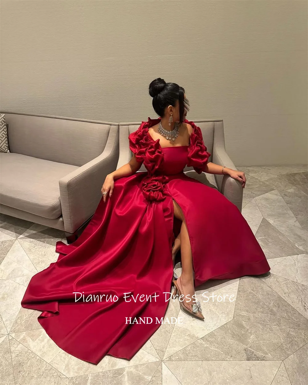 Dianruo Вечерние платья с высоким разрезом и оборками без бретелек, красные атласные платья для гостей Аравии, высокое качество Abendkleider Dubai по индивидуальному заказу