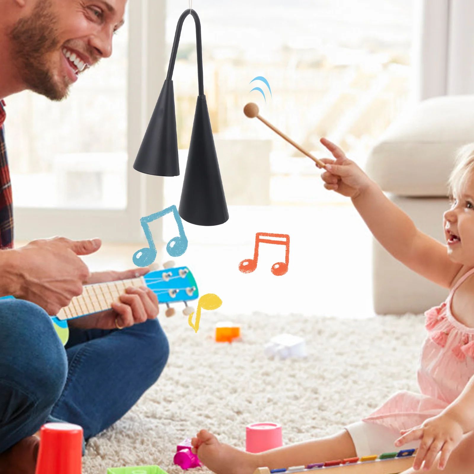

Double Horn Musical Instrument Black Large 26x6.5x4cm Metal Cowbells Percussion Educational Toy for Kids Striker Play