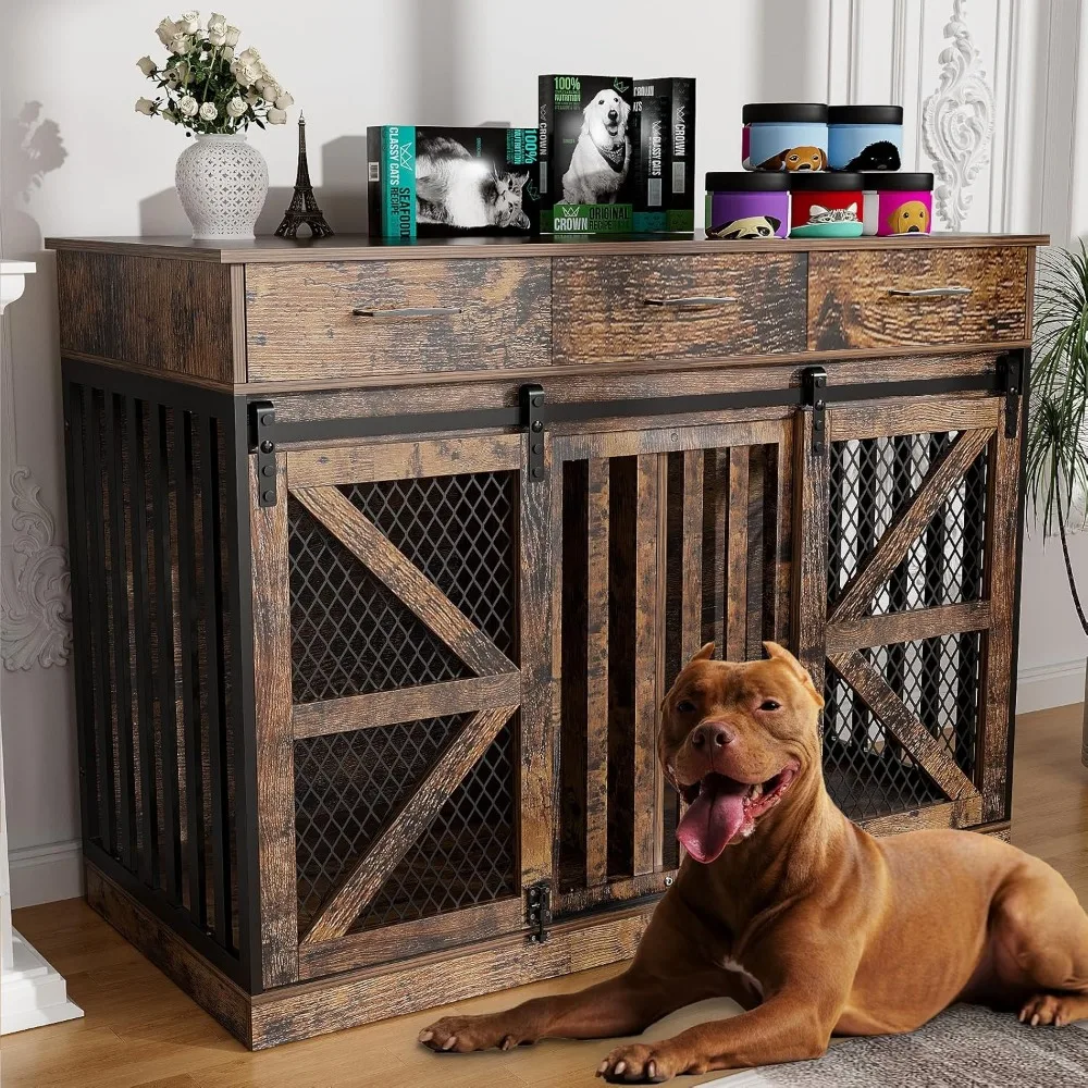 Wooden Double Dog Crate Furniture with Removable Divider and Storage Drawers, TV Stand Featuring Sliding Barn Doors