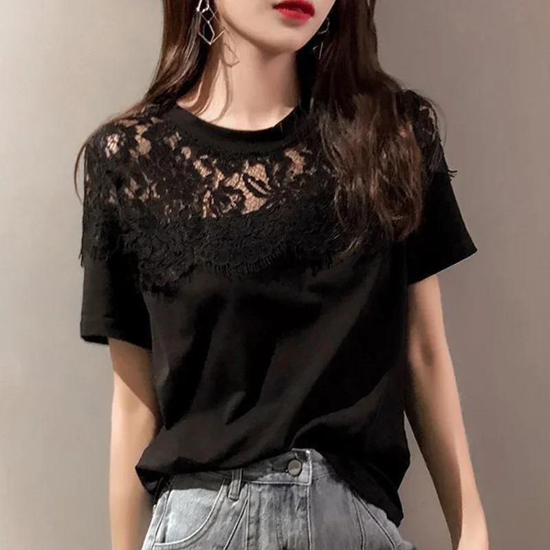 

Fashion Solid Color Spliced Loose Hollow Ou Lace Blouse Female Clothing New Casual Pullovers All-match Commute Shirt ZL255