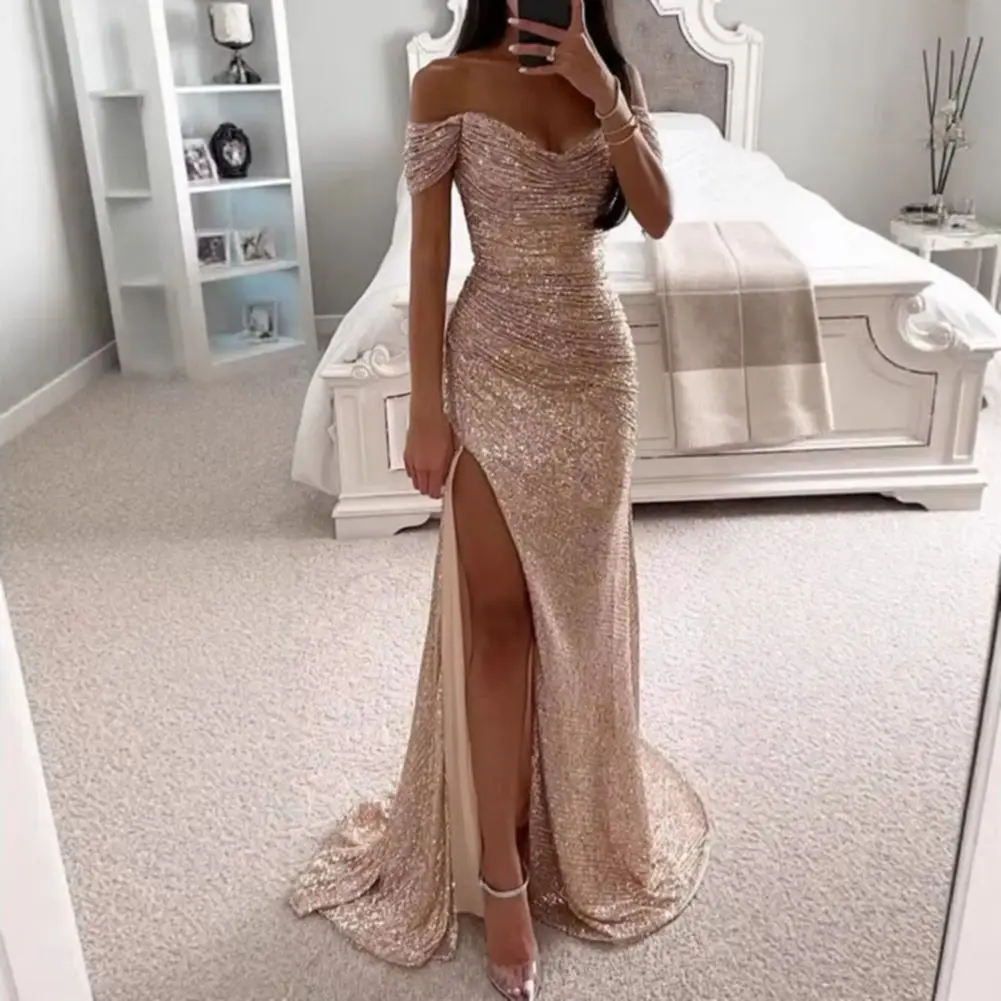 فستان حفلات مزين بالترتر فستان رسمي أنيق للحفلات الراقصة مع فتحة مكشوفة الكتف للنساء سباركلي للحفلات