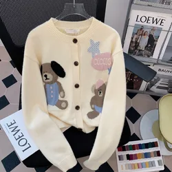 Korean Style Cute Sweet Cartoon Bear Knitted Autumn Short Casual Versatile Long-sleeved Crew Neck Sweater Cardigan