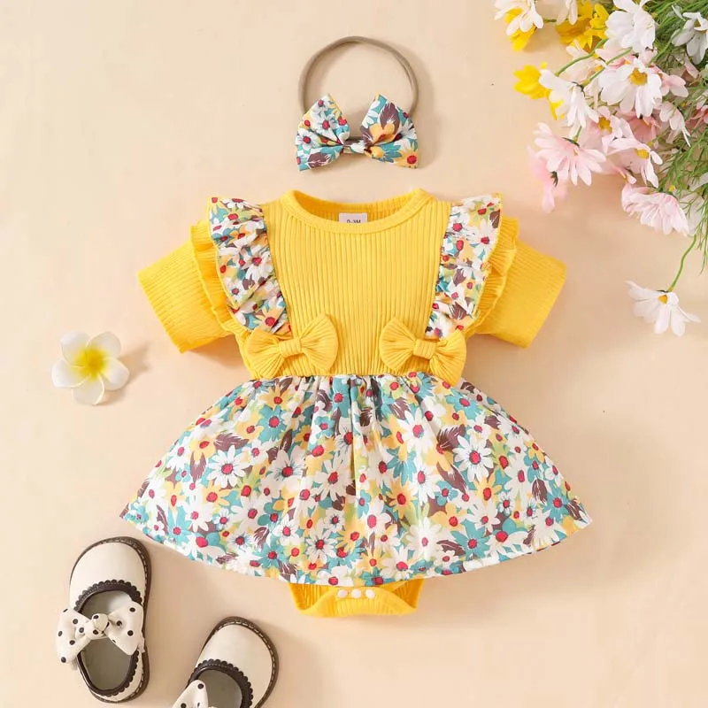 Baby Clothes Girl Skirt Bodysuit 0 To 18 Months Summer Short Sleeve Bow Pit Stripe Floral Pattern Bodysuit With Hairband Outfits