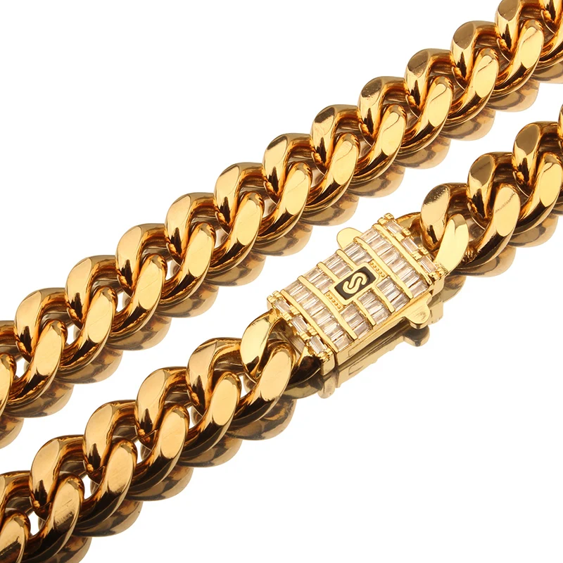 Hip Hop Cubic Zircon Bling Iced Out Gold Color Stainless Steel Cuban Miami Chains Necklaces Link Chain for Men Rapper Jewelry