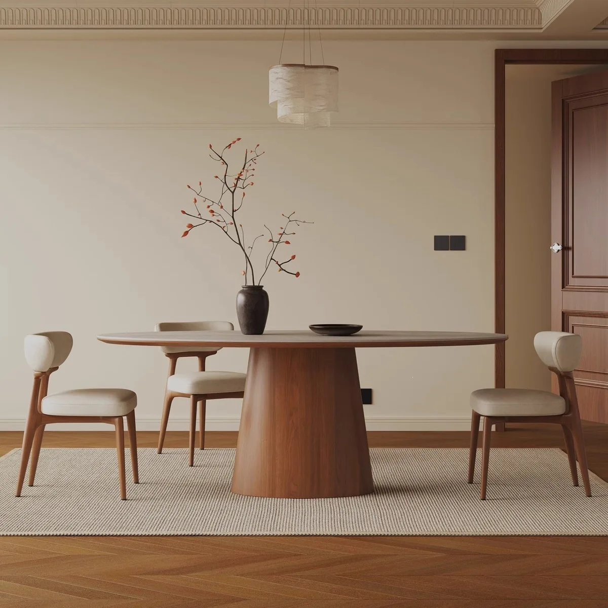 French retro travertine rock slab dining table medium large apartment table living room household oval rectangular solid wood