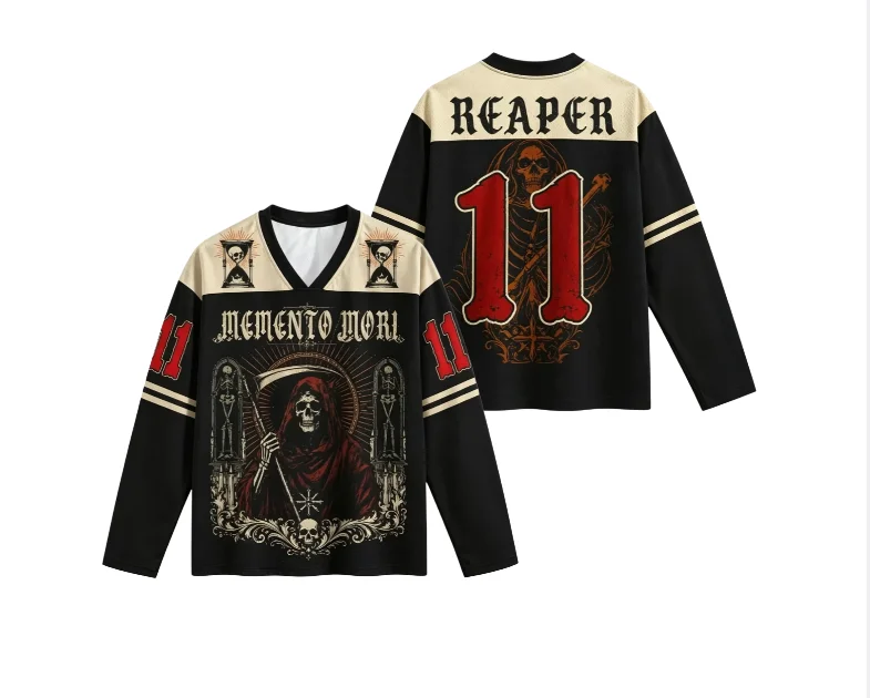 New V-neck long sleeved T-shirt with retro 3D printed Grim Reaper pattern Gothic streetwear unisex top