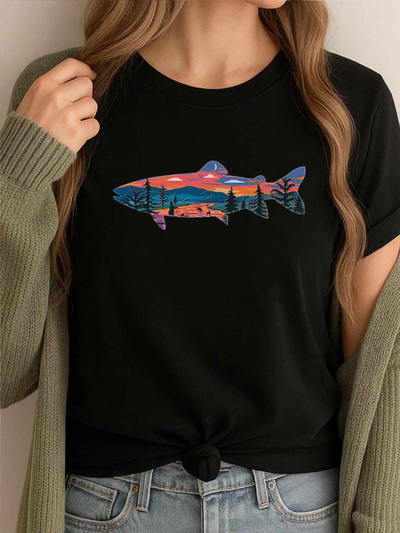 Forellen-Silhouette, Fliegenfischen, Berg, Sonnenuntergang, Fluss, Bach, Kunst-Shirts, Grafik-T-Shirt, Mann, Freizeit, bedruckte Kleidung