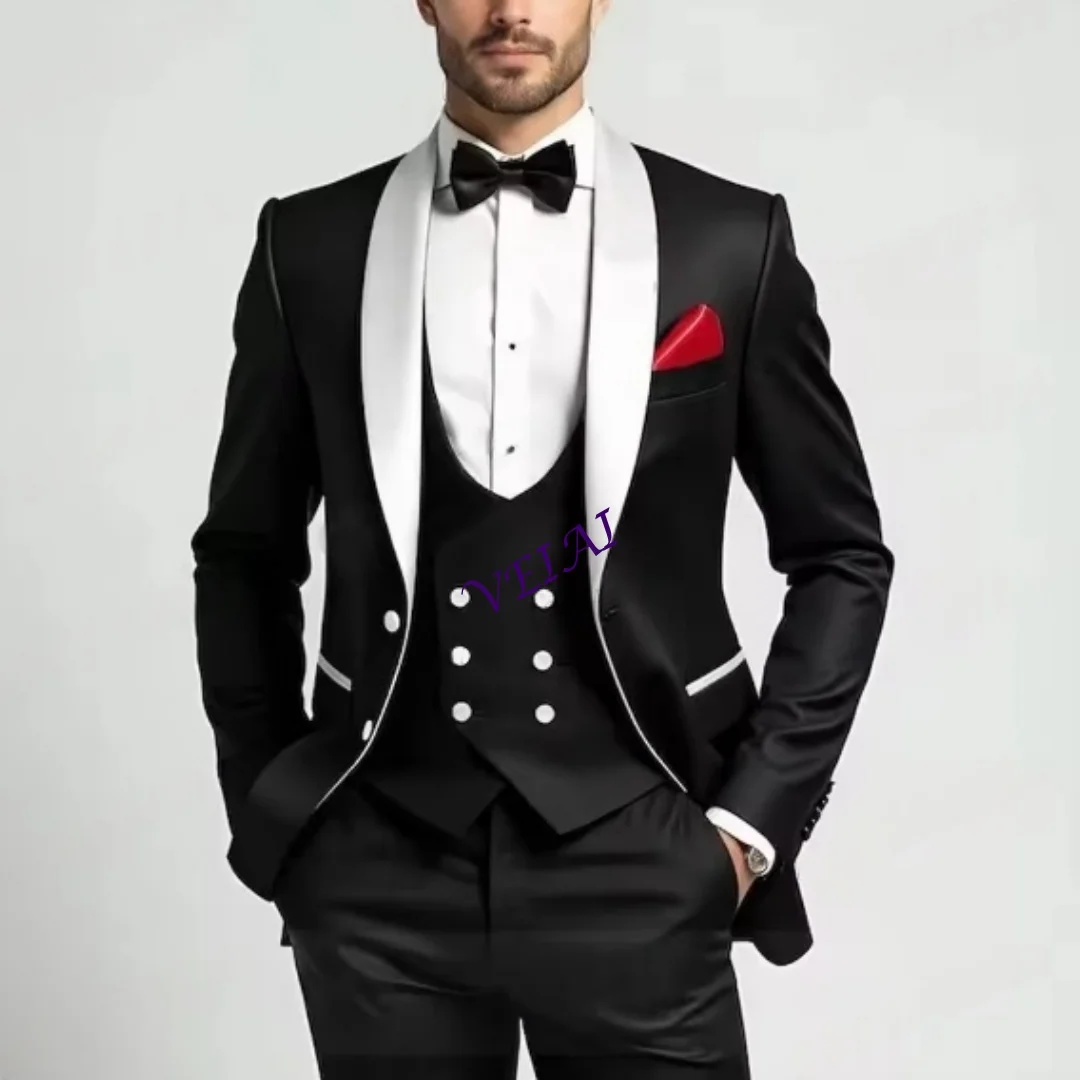 

CustomizedWhite Collar Black Men Suit Wedding Party Formal Groom Groomsman Prom Business Male Tuxedos 3 Piece Set Jacket Vest Pa