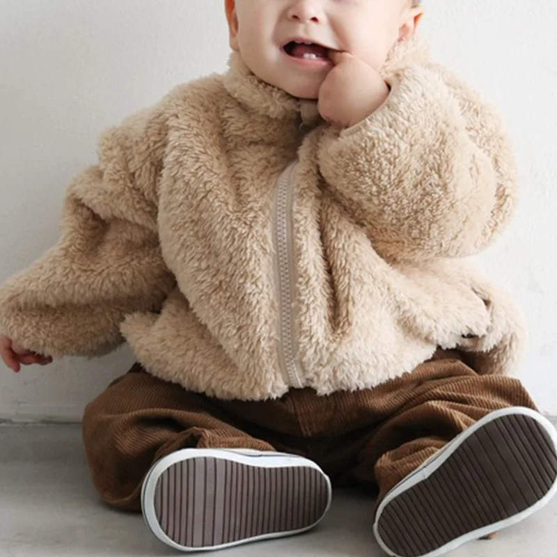 

Children's solid color lamb wool jacket 2024 winter warm long sleeved zipper cardigan for boys and girls