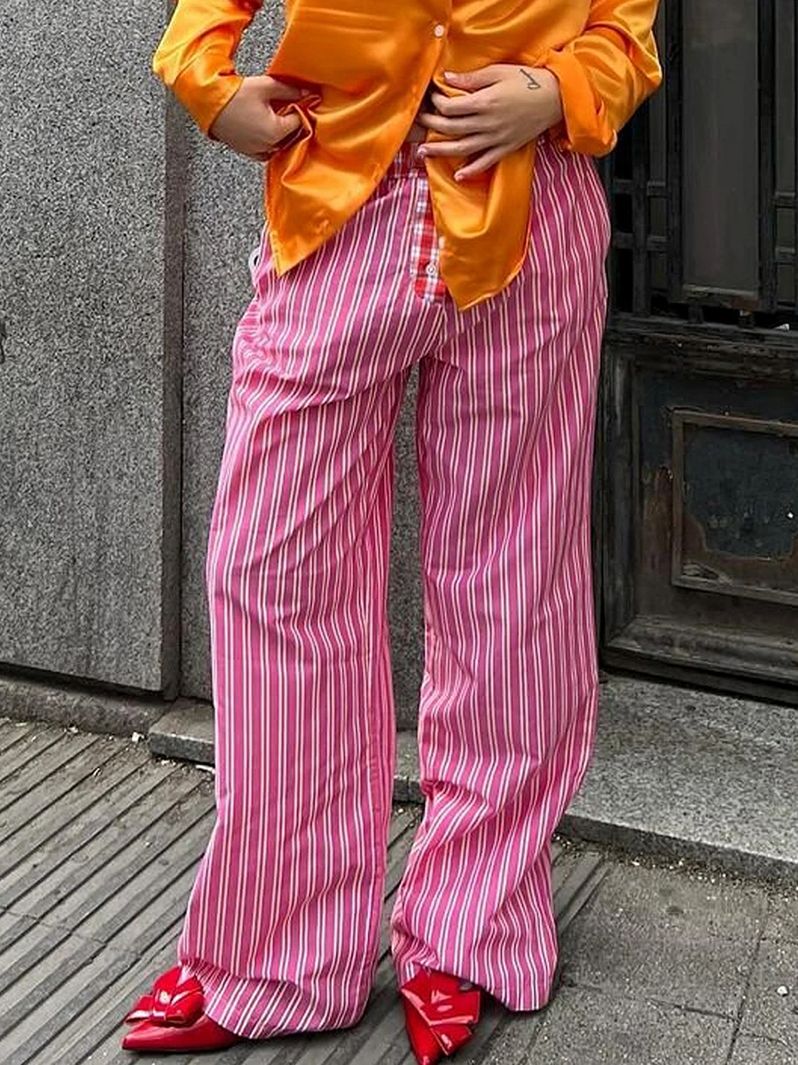 سراويل نسائية كاجوال مخططة ، خصر مرن ، بنطلون فضفاض ، ملابس الشارع Y2K ، بنطلون واسع الساق ، بنطلون صالة ، S