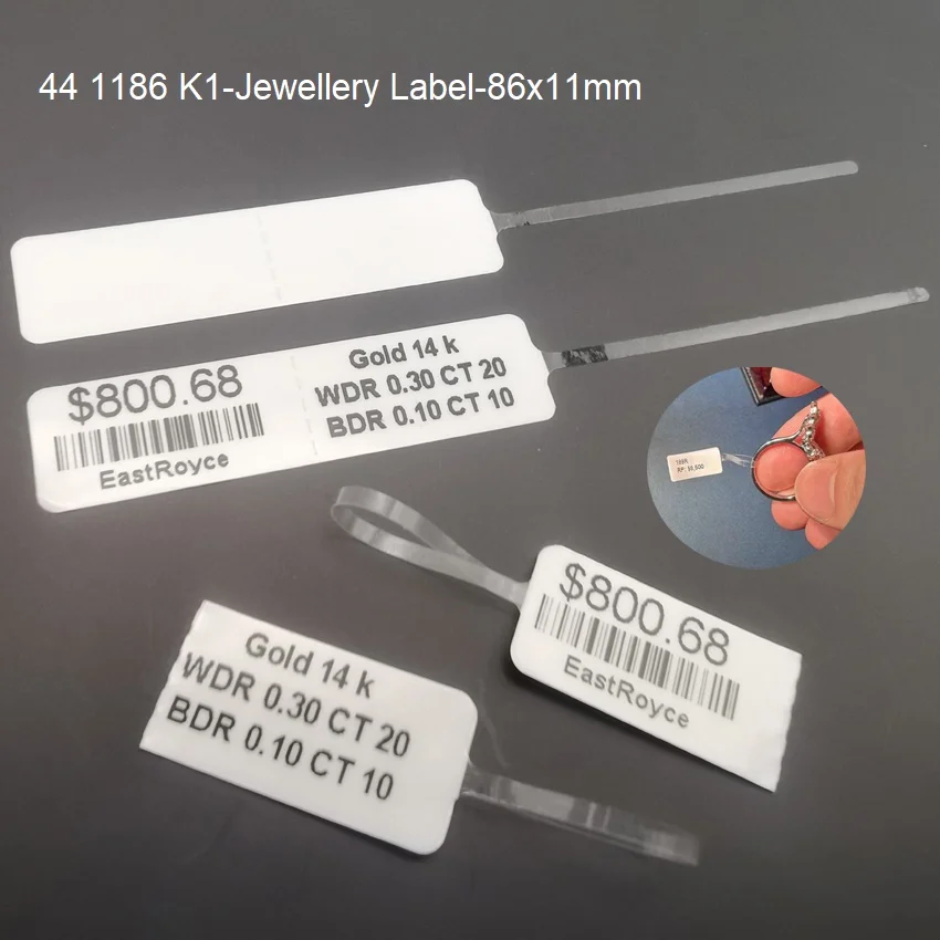 44 1186 K1-Jewellery Label-86x11mm with transparent adhesive-free narrow loops Support printing from shopify easyscan in Canada