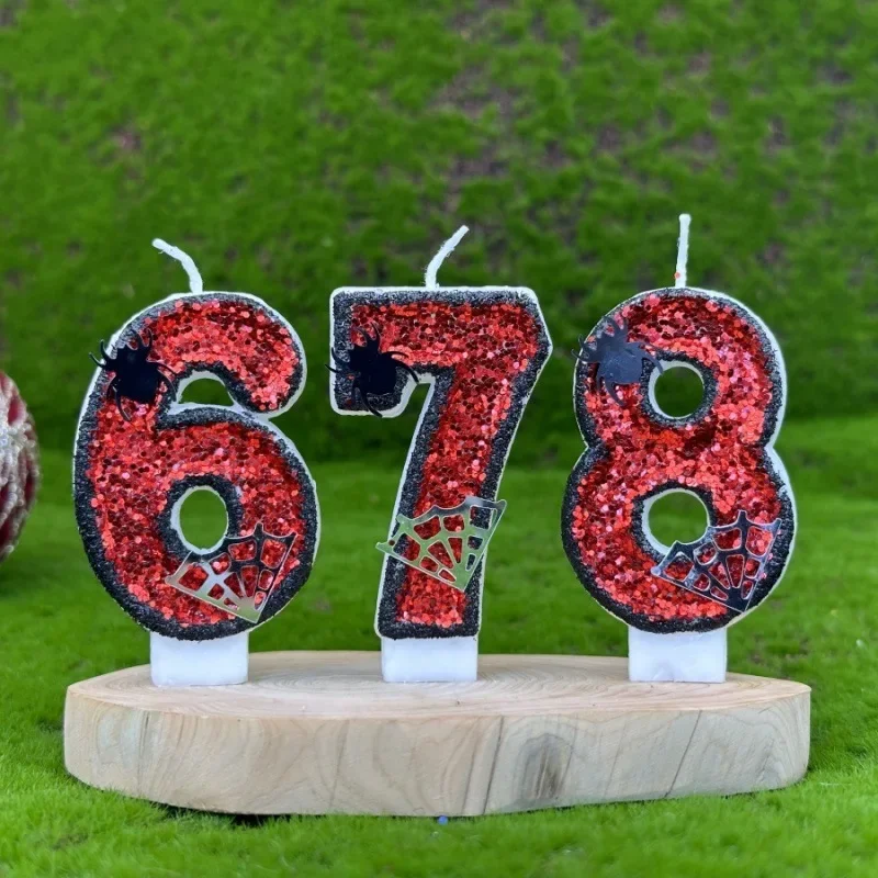 Red Black Glitter Number Candle with Spider Web Decor, Superhero Birthday Cake Topper for Boys Party