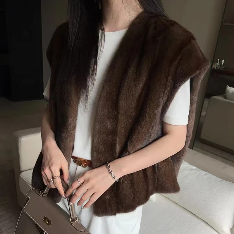 Mangas Mink Fur Vest para Mulheres, Caiu Ombro, Barra Vertical, Decote em V, Luxo, Importado, Peça Inteira