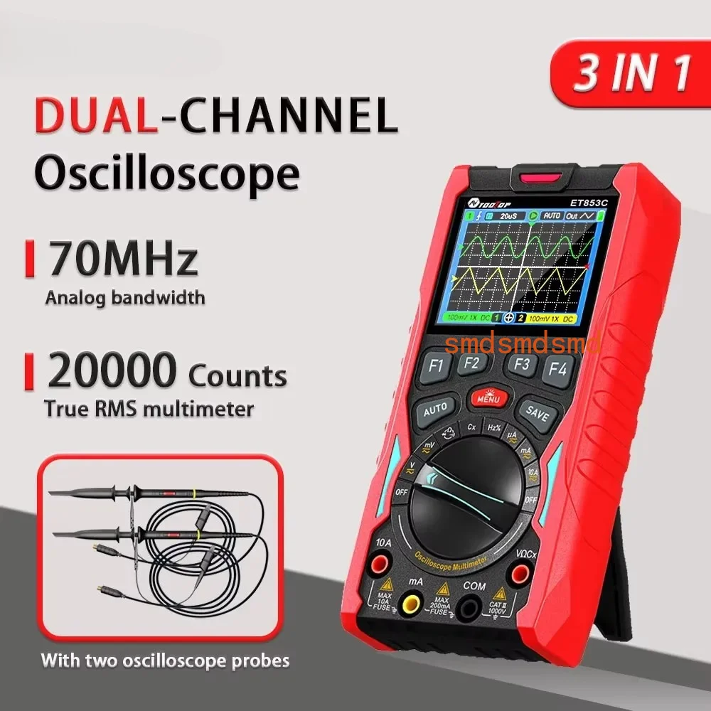 ET853C 3-in-1 Handheld Digital Oscilloscope 2CH 70Mhz 20000 Counts Multimeter Automotive Oscilloscope Signal Generator