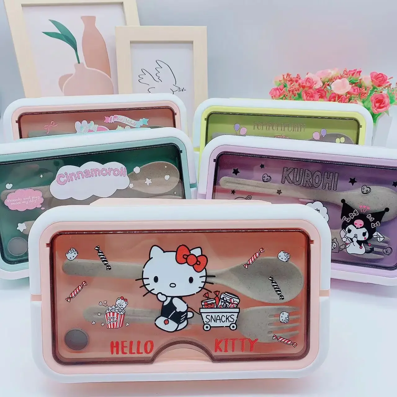 Aanrio Anime Cartoon Double Compartment Portable Lunch Box Hello Kitty Girls Kawaii Lunch Box Student Portable Canteen Lunch Box