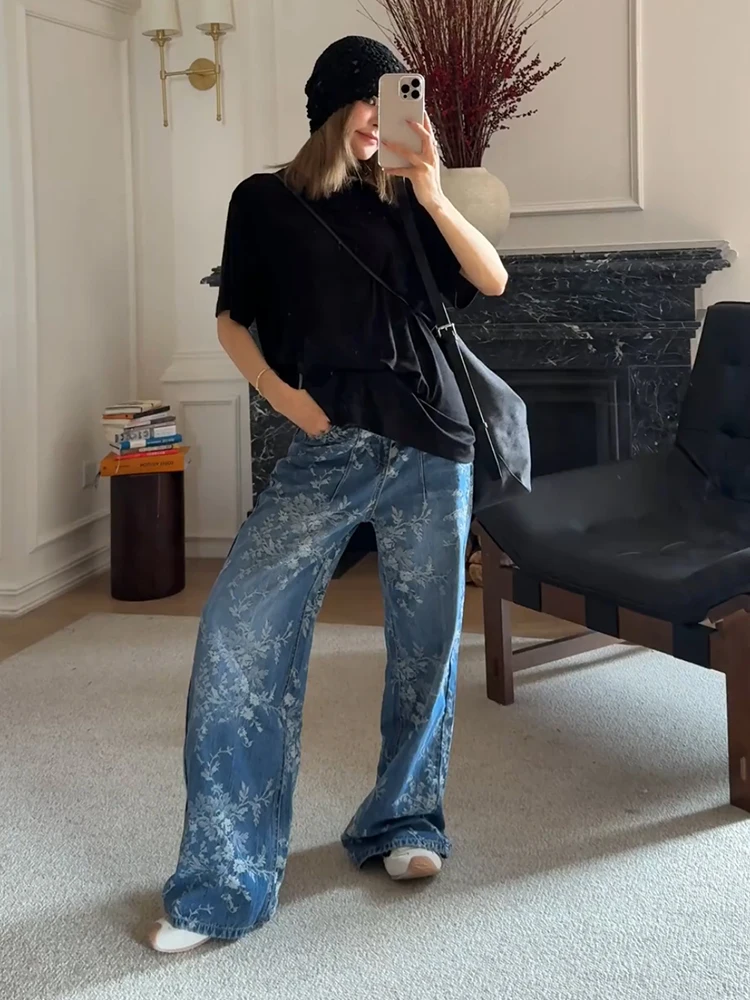 

American Retro Heavy Work Floral Embroidery High Waist Straight Leg Denim Pants Women's Loose Wide Leg Pants Long Trousers