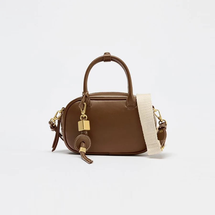 

Fashion Bowling Bag for Women Designer Lady Handbags Luxury Vintage Pu Leather Wide Strap Shoulder Crossbody Bags Mini Tote Bag